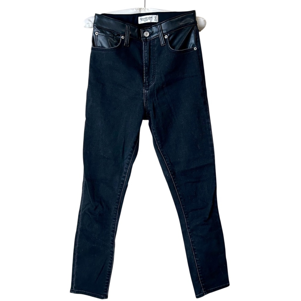 Abercrombie & Fitch Super Skinny Ankle High Rise Jean Black Leather Trim Size 25